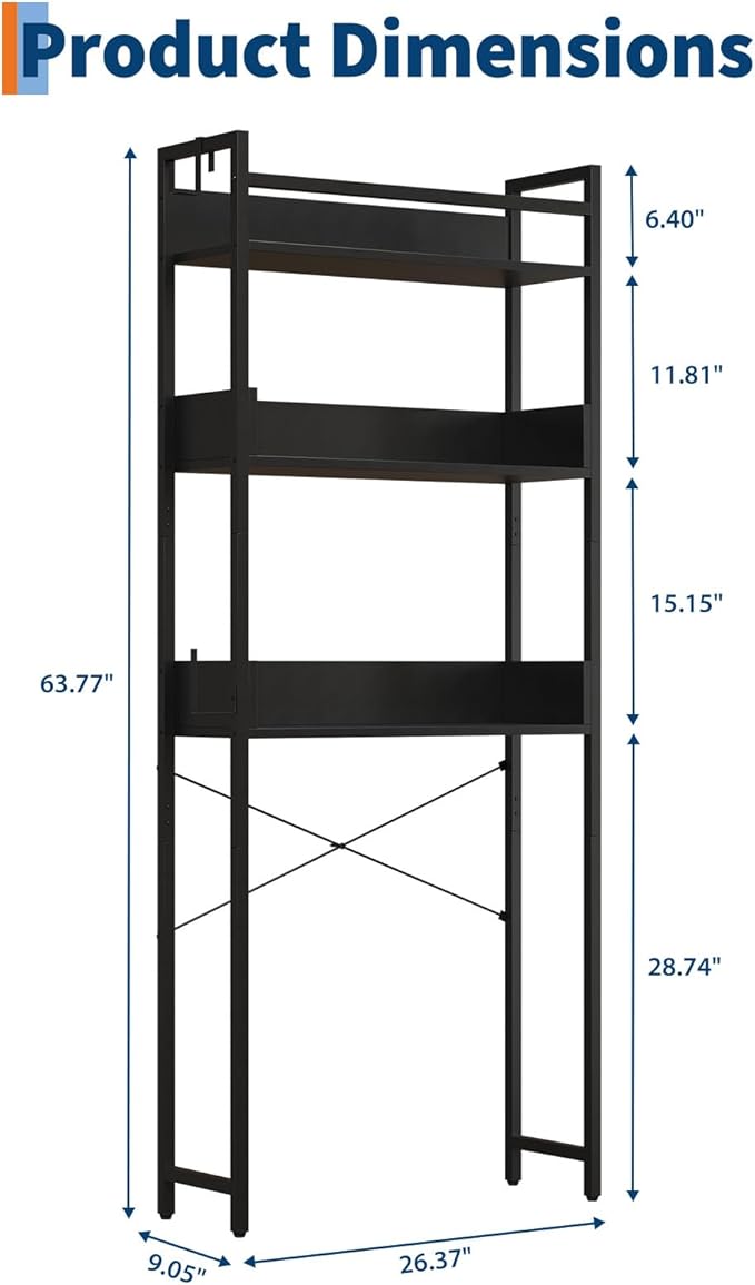Garvee Over the Toilet Storage Rack 3-Tier Bathroom Organizers and Storage with Shelf and Basket One-Piece Wooden Shelves Open Net Freestanding Space Saver for Bathroom