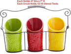 Kitchen Utensil Holder Set (4 Pieces) - 3 Ceramic Crocks & 1 Portable Wire Caddy - Multi-Color