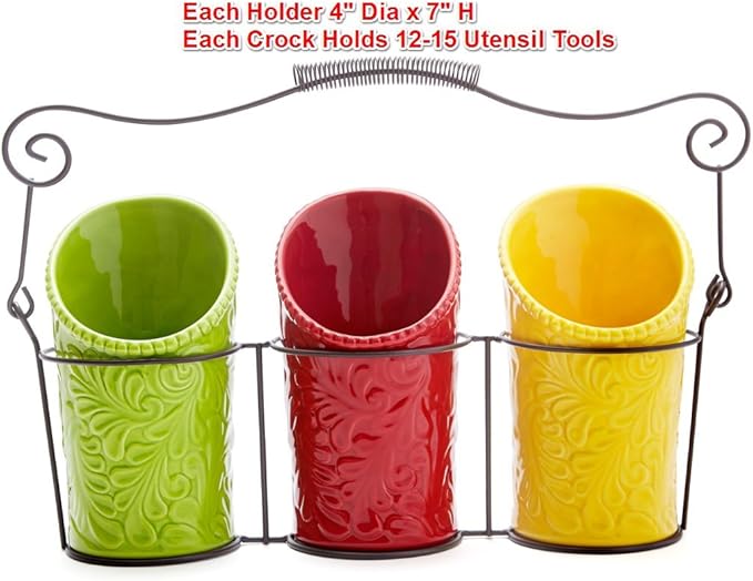 Kitchen Utensil Holder Set (4 Pieces) - 3 Ceramic Crocks & 1 Portable Wire Caddy - Multi-Color