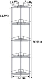 5 Tier Floor Standing Corner Shower Caddy Organizer Shelf with Hooks, Bathroom Shelves Stand Rack, Dark Gray