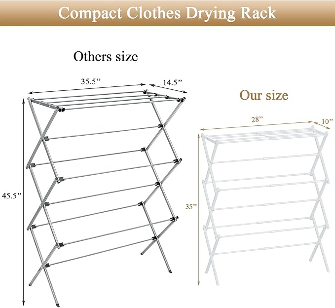 Drying Rack Clothing, 3-Tier Clothes Drying Rack Foldable Use for Indoor & Outdoor Antirust Laundry Drying Rack Collapsible White 28" L x 35" H x 10" W