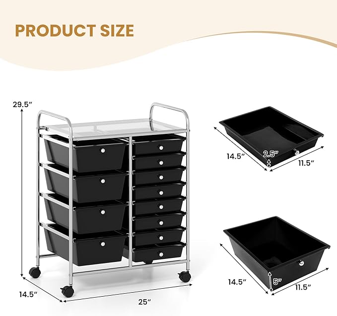 GOFLAME 12-Drawer Rolling Storage Cart, Craft Storage Cart with Removable Drawers & Lockable Wheels, Art Cart Supply Storage Organizer with Metal Frame for Home Office Classroom, Black