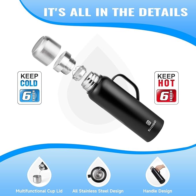 Insulated Vacuum Thermo Bottle 1500ml/50.7oz with Cup Stainless Steel Coffee Bottles for Hot and Cold Drink Water Flask.(Silver, with Handle, 1500ml)