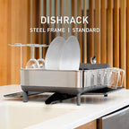simplehuman Large Capacity Dish Drying Rack with Stainless Steel Frame, 360º Easy Drain Swivel Spout, Utensil & Wine Glass Holder, Anti-Residue Coating, Moisture Control Surface, Grey