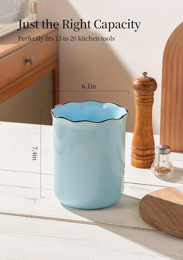 Onniyor Ceramic Kitchen Utensil Holder for Countertop, 7.4 Inch Large Cooking Utensil Crock for Spatulas, Spoons & Tools, Modern Farmhouse Organizer, Multi-Purpose Counter Decor, Easy to Clean, Blue