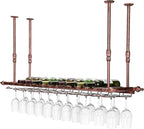2-in-1 Industrial Wine Rack, 47.3" Adjustable Metal Pipe Wine Bottle Storage Rack with Glass Holders & Shelf, Space-Saving Vertical Installation for Kitchen Bar, Brown