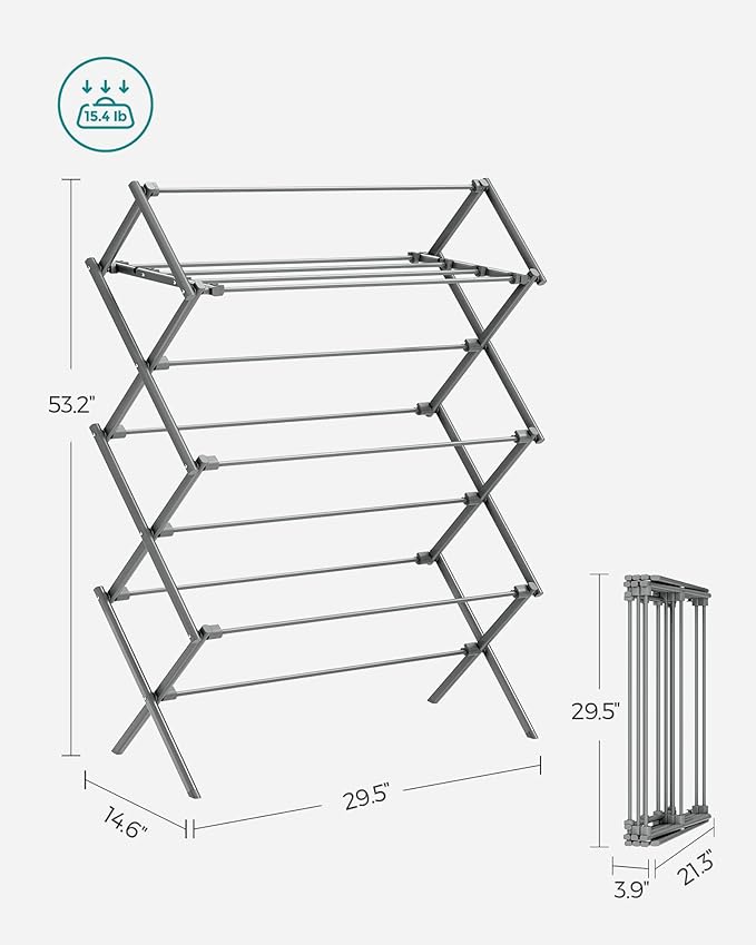 SONGMICS Foldable Clothes Drying Rack, Laundry Drying Rack, Clothes Airer, Steel Frame, 14.6 x 29.5 x 53.2 Inches, Easy Assembly, Indoor Outdoor Use, Gray ULLR770G01