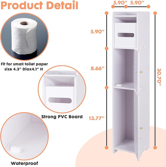 LuiceABC Toilet Paper Holder Stand, Over The Toilet Storage Cabinet for Bathroom, Slim Corner Shelf for Small Space Storage, Small Bathroom Storage Cabinet with Doors - White