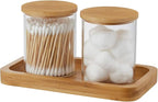 Qtip Holder with Bamboo Vanity Tray, Glass Apothecary Jars with Lids, Cotton Ball Swab Pad Rounds Holder Bathroom Canister Jars for Bathroom Restroom Decorations and Organizer