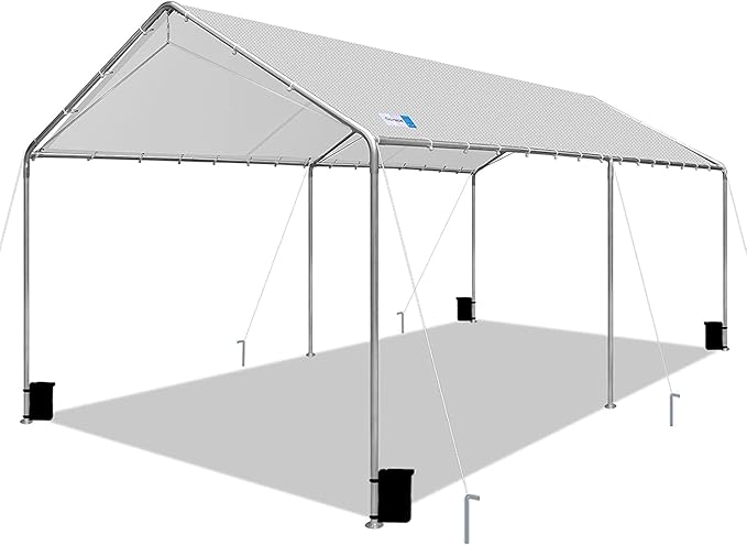 10'x20' Carport Heavy Duty Galvanized Car Canopy with Included Anchor Kit, 3 Reinforced Steel Cables, Light Gray