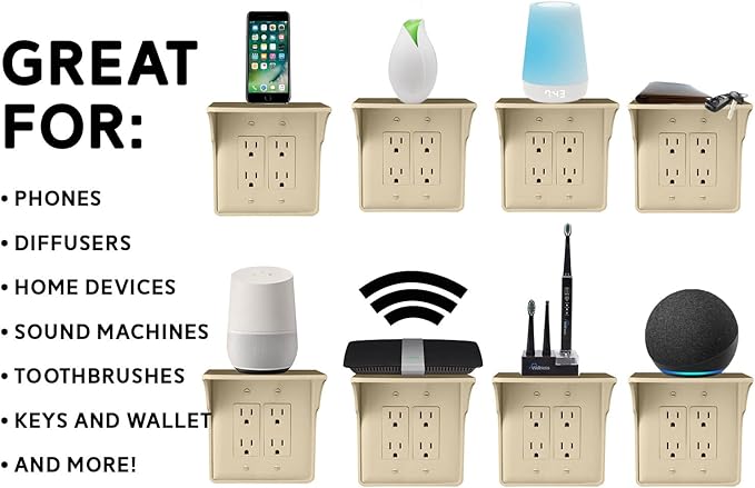 Power Perch Double Wall Outlet Shelf with Cord Storage Strap - Declutter & Reclaim Bathroom Counter Space - Alexa Stand, Apple Homepod Shelf, Toothbrush Holders Wall Mounted - Almond, 2-Pack