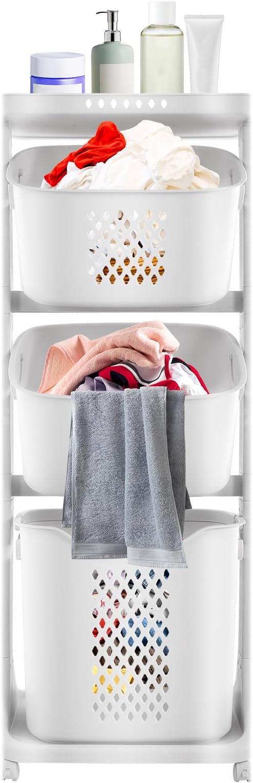 3-Tier Rolling Laundry Hamper Cart with Wheels - White Multi-Functional Storage Organizer Basket, Clothes Hamper with Portable Storage Baskets for Bathroom, Bedroom, and Laundry Room