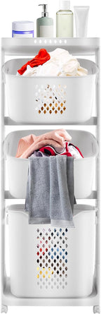 3 Tier Laundry Hamper Basket Sorter 3-Tier Rolling Laundry Basket with Wheels Dirty Clothes Baskets for Bathrooms Bedrooms Living Rooms, White