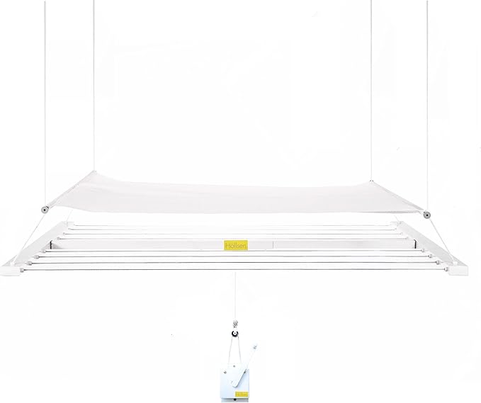 Ceiling Mounted Pulley Drying Rack – Compact Aluminum Clothesline with Mesh Shelf – Ideal for Small Laundry Rooms or Balcony´s (39.5" x 23.6")