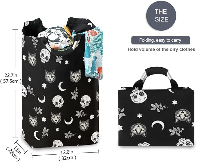Gothic Moon Skull Cat Laundry Basket for College Dorm,50L Collapsible Portable Laundry Hamper Storage Basket for Toys Clothes Organizer