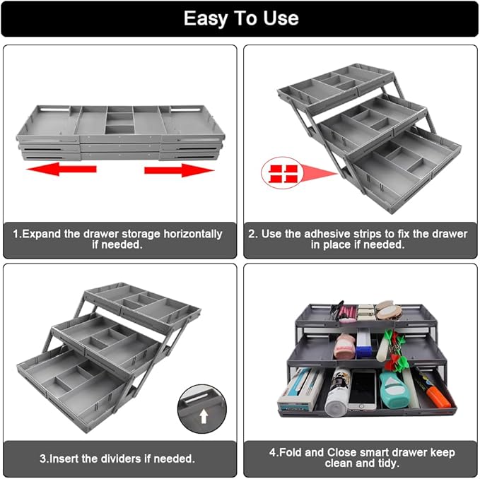 Abnaok 3 Tier Drawer Organizer Multi Level Collapsible Expandable Desk Organizer Trays for Office Supplies, Kitchen Gadgets Utensils, Vanity, Makeup, Jewelry