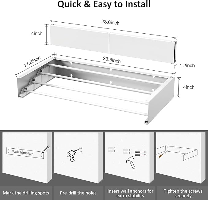 Laundry Drying Rack, Collapsible Wall Mounted Clothes Drying Rack - Drying Rack Clothing Foldable,Space Saving, 32" Wide, 13.2 Linear Ft, 5 Aluminum Rods, 60 lb Capacity (White, 32")