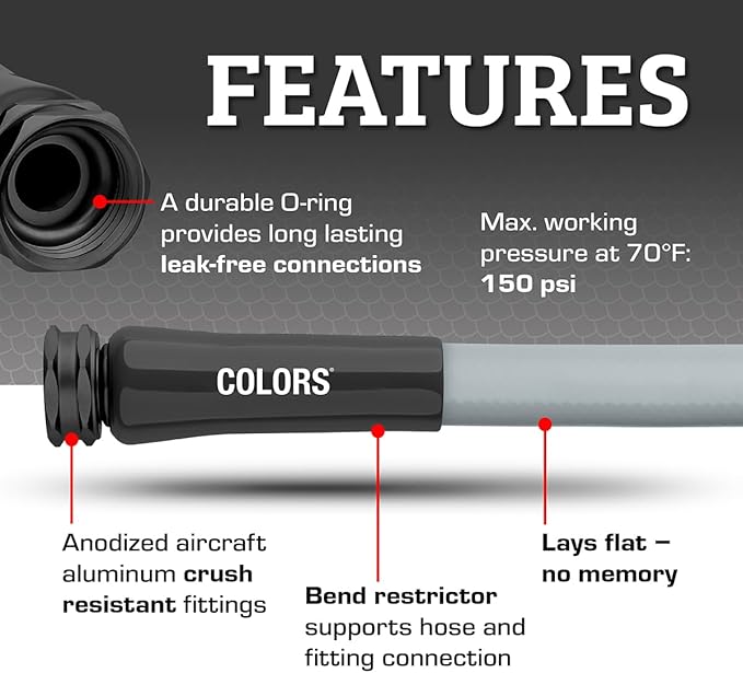 Flexzilla Colors Garden Hose 5/8 in. x 75 ft., Lightweight All-Weather Water Hose, Durable and Flexible, Leak-Free Connections, Slate Gray