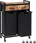 Laundry Hamper, Laundry Sorter 2 Section, Rolling Laundry Basket with Wheels, 2 Drawers, 2 × 14.5 Gal (55 L), Pull-Out and Removable Oxford Fabric Bags, Black and Rustic Brown