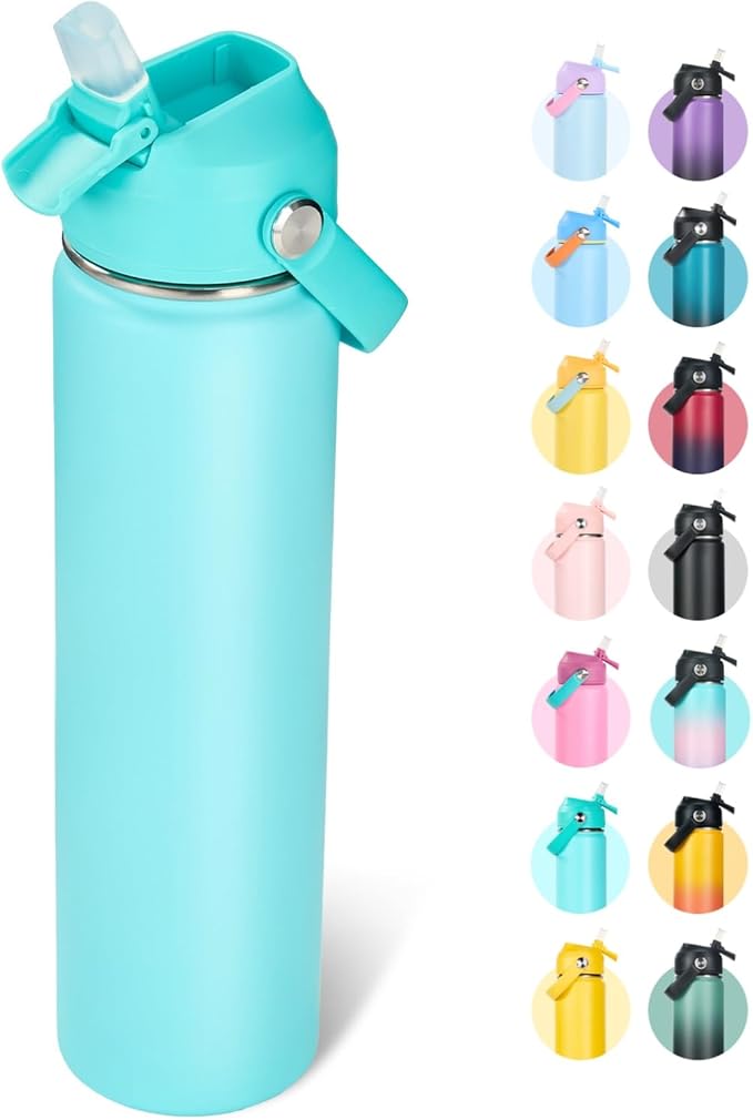 24oz Insulated Stainless Steel Water Bottle, Wide Mouth Double Wall Vacuum, Silicone Straw, Sweat & Leak Proof, BPA Free Insulated Water Flask for Travel, Keep Cold 24h Hot 12h, Sky