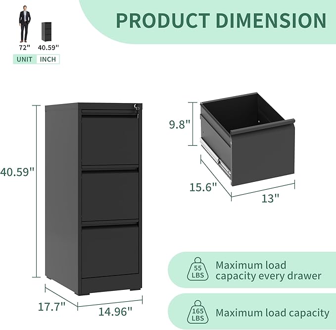File Cabinet 3 Drawer with Lock, Vertical Filing Cabinets for Home Office, Metal Steel Storage Cabinet for Letter/Legal Size File, Assembly Required(Black)