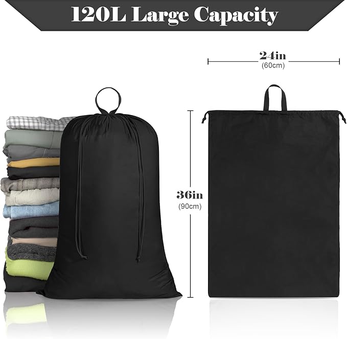 Laundry Bag, Extra Large Travel Laundry Bags with Handles & Drawstring Closure, 24"x 36" Dirty Clothes Storage Bag, Basket Hamper Liner, Organizer Sack for Laundry Room, Camping, Black