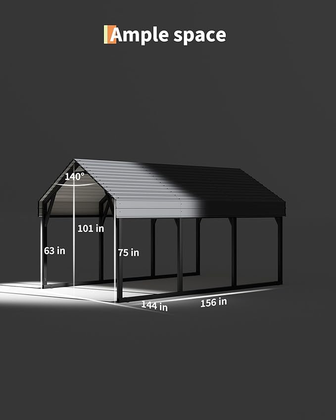 GarveeLife 12x13 ft Metal Carport Shed, Reinforced Frame and Steel Roof for All-Weather Use, Permanent Shelter for Cars, Motorcycles, ATVs, or Boats