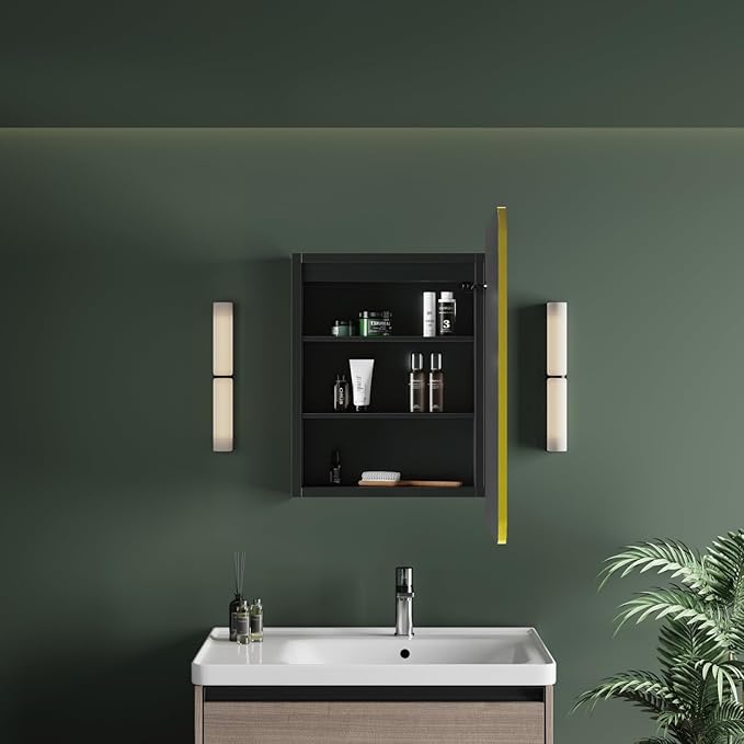 Medicine Cabinet with LED Lights and Mirror, 16W x 28H Inch Wall or Recessed Mounted Bathroom Cabinet with Right Hinge, Storage Shelf, Defogger, Memory Function, 3-Color Mode, Dimmer, Gold