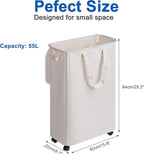 Slim Laundry Hamper with Lid and Wheels, Small Rolling Laundry Basket with Handle for Small Spaces, Tall Dirty Clothes Hampers for Dorm, Bathroom and Bedroom, 55L, Beige