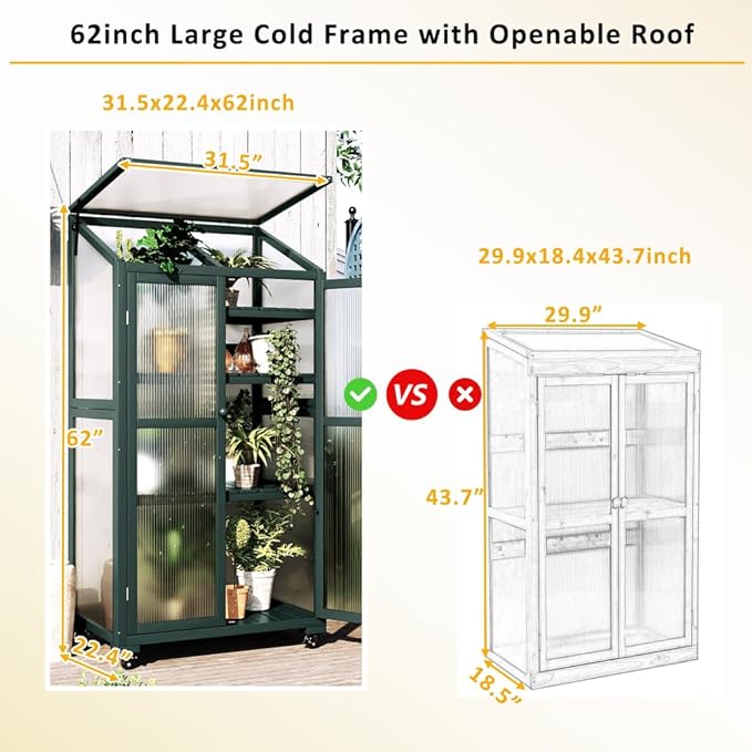 Sturdy Wooden Greenhouse for Balcony or Backyard Use with Rolling Wheels and Adjustable Shelving for Plant Growing (Green + Solid Wood + Wood)