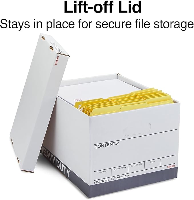 Staples Storage & Filing Box, Heavy-Duty with Handles & Removable Lid, Letter & Legal Size Documents, Stackable, 12-Pack, White/Gray