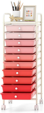 GOFLAME 10-Drawer Rolling Storage Drawer Cart, Utility Cart with Removable Drawers & Metal Frame, Mobile Art Craft Drawer Cart with Lockable Wheels for Home, Office, Studio, School, Pink