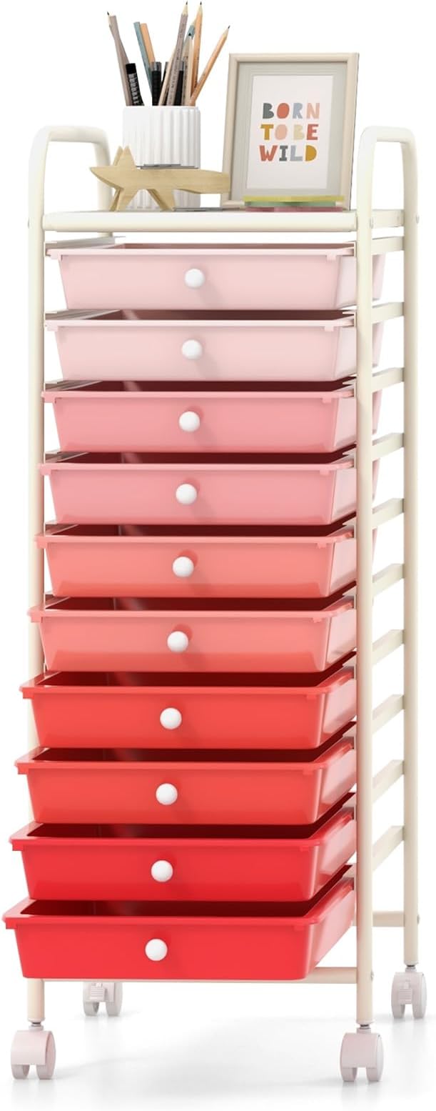 GOFLAME 10-Drawer Rolling Storage Drawer Cart, Utility Cart with Removable Drawers & Metal Frame, Mobile Art Craft Drawer Cart with Lockable Wheels for Home, Office, Studio, School, Pink