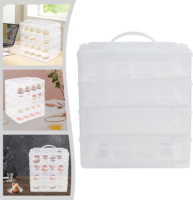 4-Tiers Cupcake Carrier, Cupcake Holder, Cupcake and Brownie Storage Carrier, Stacking Cupcake Storage Container Store up to 48 Cupcakes