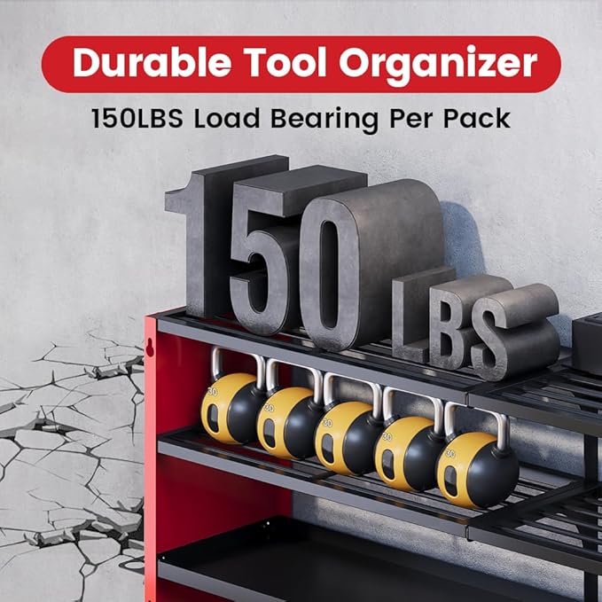 4 Layers Power Tool Organizer Wall Mount with Power Strip, Heavy Duty Metal Tool Shelf, 400lbs Capacity for Cordless Drills, Batteries & Garage Storage (4 Slots with 2 Outlets Power Strip)