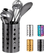QRU Kitchen Utensil Holder for Countertop (H6.7” x W4.1”), Stainless Steel Cooking Utensil Caddy for Tools, Spatulas, Spoons, Silverware & More, Cooking Utensil Organizer, Kitchen Decor (Black)