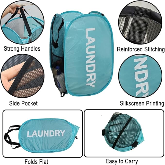 Mesh Popup Laundry Hampers, Collapsible Laundry Baskets, 2 Pack Dirty Clothes Hampers for Home, Bathroom, College Dorm, RV Cruise, Travel (Gray + Blue)