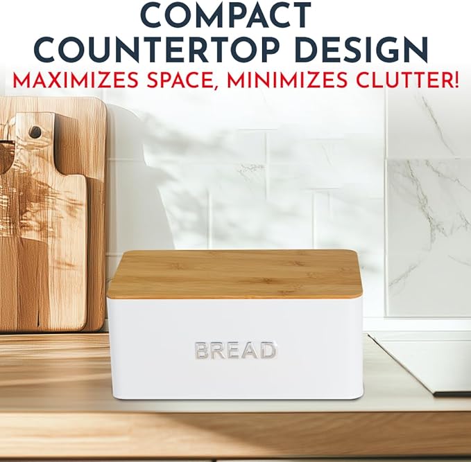 Culinary Couture White Bread Box for Kitchen Countertop with Bamboo Lid - Large BreadBox for Homemade Bread - Storage BreadBox with Cutting Board Lid