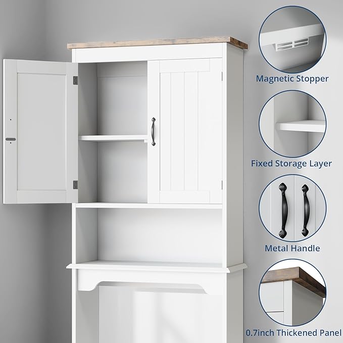Garvee 66''H Over the Toilet Storage Cabinet, Bathroom Shelf Over Toilet, Bathroom Storage Cabinet Organizer with Double Doors & Adjustable Shelves Free Standing Toilet Shelf for Bathrooms, White
