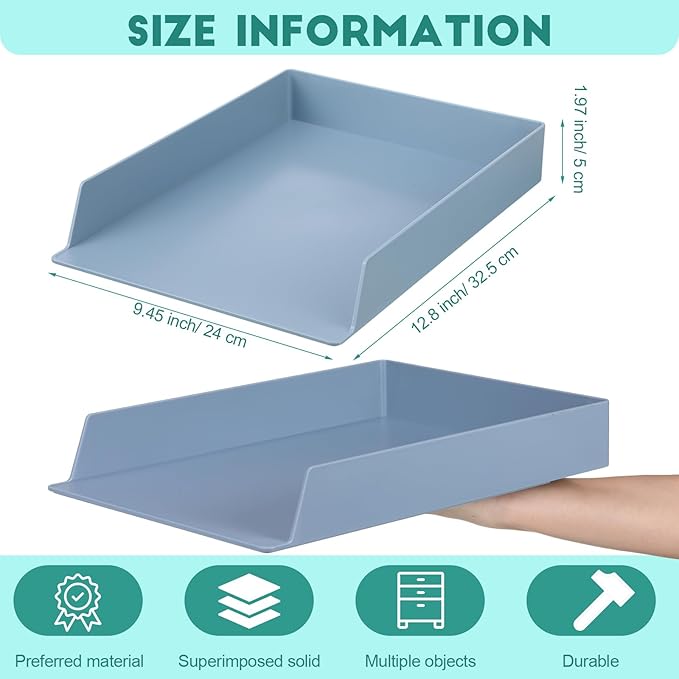 TecUnite 4 Pieces Stackable Letter Trays Blue Rectangular Stackable Office Letter Size Plastic Organizer Desk Tray for Desk Plastic Stacking Support for File Storage Office Classroom
