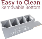 Kitchen Utensil Holder with Drainage Bottom, Extra Large 4 Compartments Solid Real Wood Utensil Organizer for Kitchen Counter, Farmhouse Cooking Tools Storage for Countertop, Grey