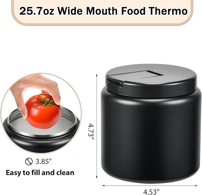 26oz Kids Jar for Hot Food, Insulated Vacuum Food Jar with Buckle Lid, Stainless Steel Wide Mouth Leak Proof Insulated Lunch Container for School Picnic Travel, Black