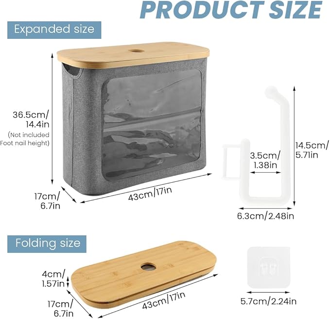Extra Toilets Roll Storage for 12 Rolls, Toilet Paper Storage with Bamboo Lid, Collapsible Bathroom Toilets Papers Holder Organizer(Color:Grey)