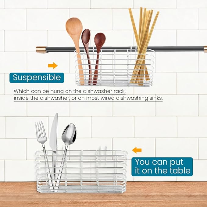 304 Stainless Steel Utensil Holder,Kitchen Utensil Organizer with 3Divided Compartments,Flatware Storage Basket with Hooks for Dish Drying Rack Sink Dish Drainer in KitchenBathroom