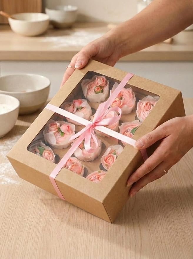 Bakepacker 12 Cupcake Containers 20-Packs Brown 12 Count Cupcake Boxes with Window Cupcakes Carrier, 13"x10"x3.5"（Auto-pop up）
