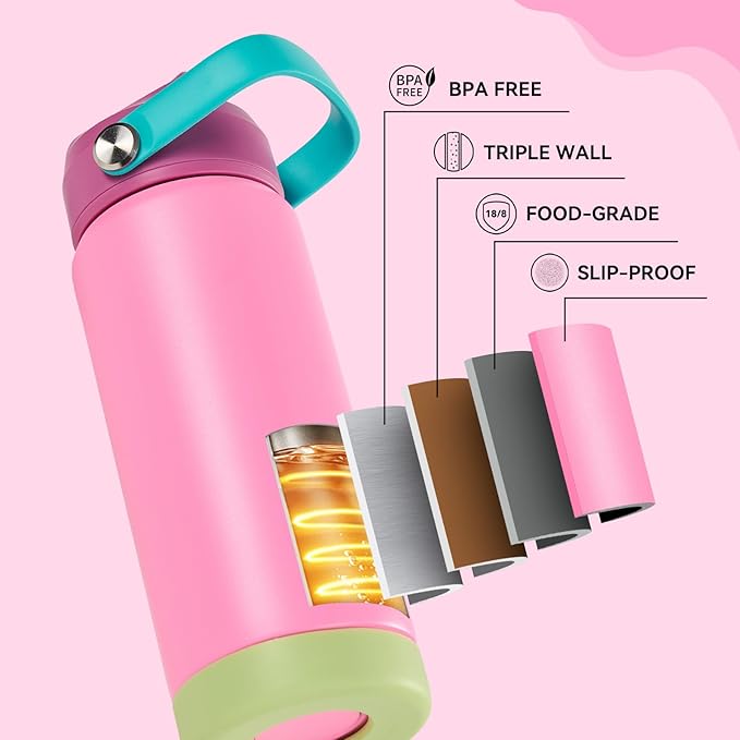 24oz Insulated Stainless Steel Water Bottle, Wide Mouth Double Wall Vacuum, Silicone Straw, Sweat & Leak Proof, BPA Free Insulated Water Flask for Travel, Keep Cold 24h Hot 12h, Berries
