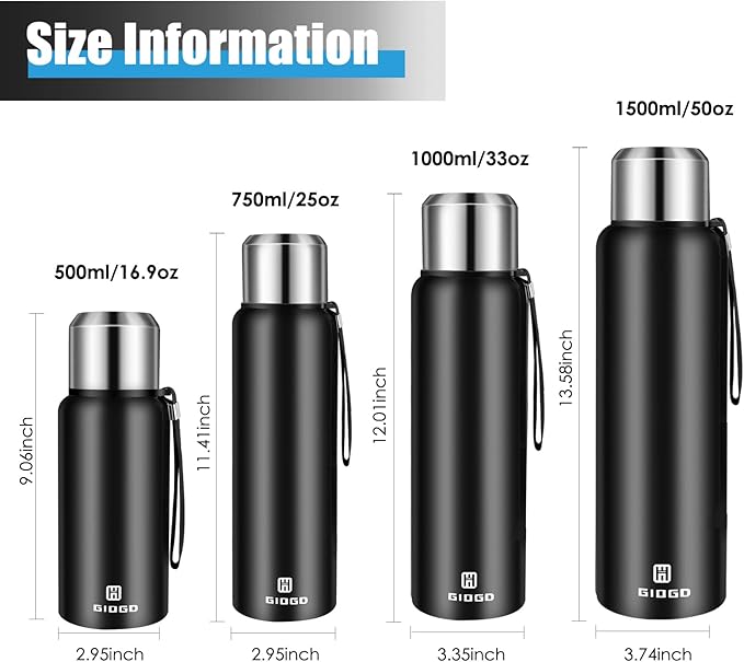 Insulated vacuum Thermo Bottle 1000ml/33.8oz with cup Stainless steel coffee bottles for hot and cold drink water flask.(Black,1000ml)
