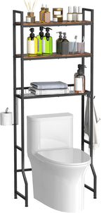 Over The Toilet Storage, Over Toilet Bathroom Organizer 3 Tier, Above Toilet Storage Rack for Bathroom Freestanding Bathroom Space Saver with Metal Frame and 4 Hooks for Laundry, Brown