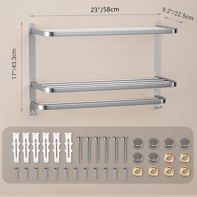 DDS-DUDES 23" Towel Racks for Bathroom with Towel Bars, 3 Tier Hotel Towel Shelf Stainless Steel Wall-Mounted Holder with Towel Shelves Brushed Nickel