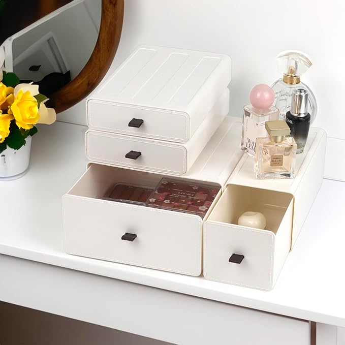 White Desk Organizer with Drawers, Dresser Desktop Makeup Nightstand Organizer, Storage Drawer for Small Spaces Pens Stationary Cosmetic Junk, Office Supplies and Accessories (4-Drawer)